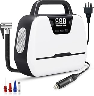 Greaval Car Tyre Inflator, 240V 12V Dual Power Digital Air Compressor, Electric Car Air Pump with Tyre Pressure Gauge Valve Adaptors LED Light, Portable Tyre Inflator Pump for Vehicles, Balls