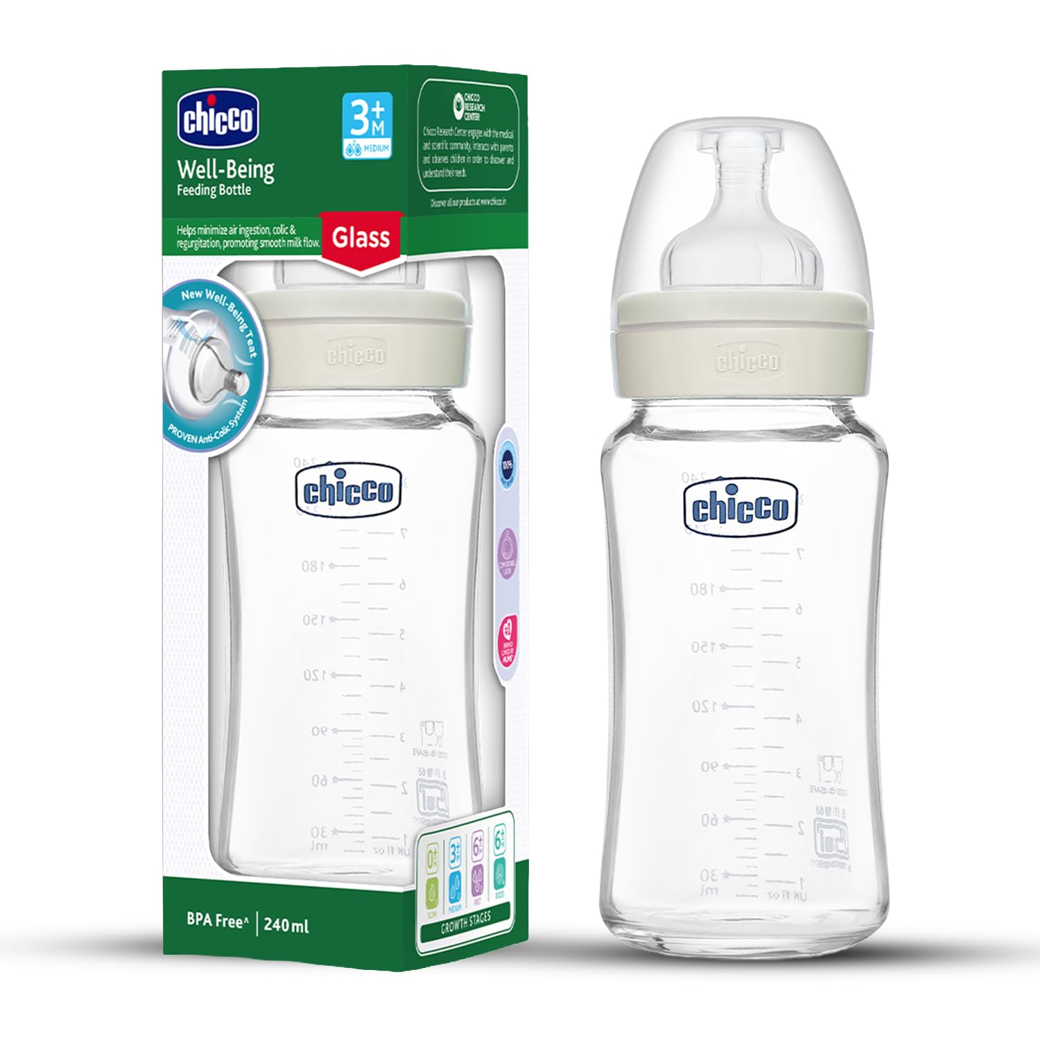 Chicco Well-Being Glass Feeding Bottle for Babies (240ml, Medium Flow) | Premium Borosilicate Glass for High Durability | Elongated Teat for Correct Latch | Comes with Anti-Spill Cap | BPA Free-image-36