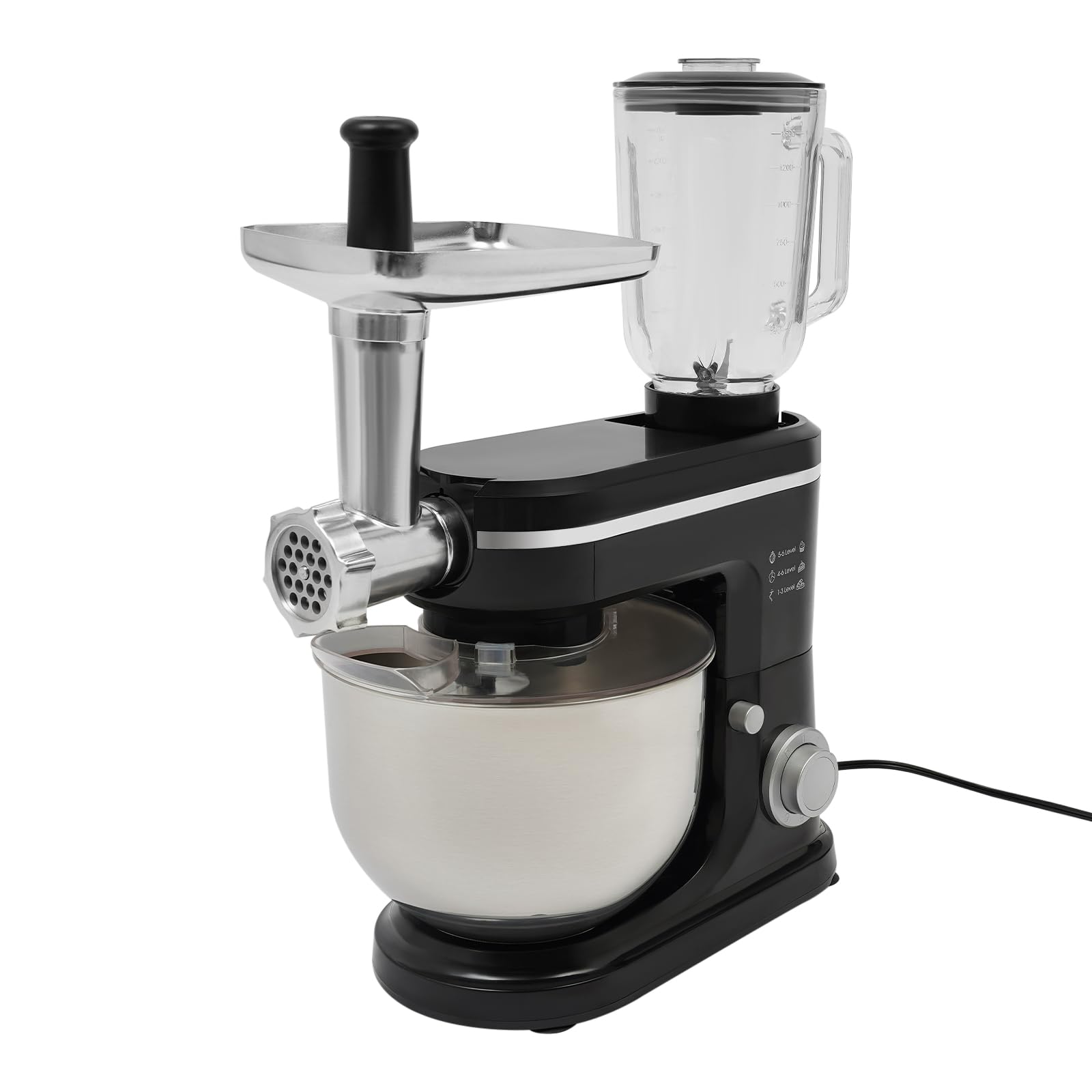 3-in-1 keukenmachine, 1500W multifunctionele mixer met vleeswolf, 1,5L sapcentrifuge, 6L roestvrijstalen kom, deegmachine, 6-versnellingen mixsnelheden (Zwart