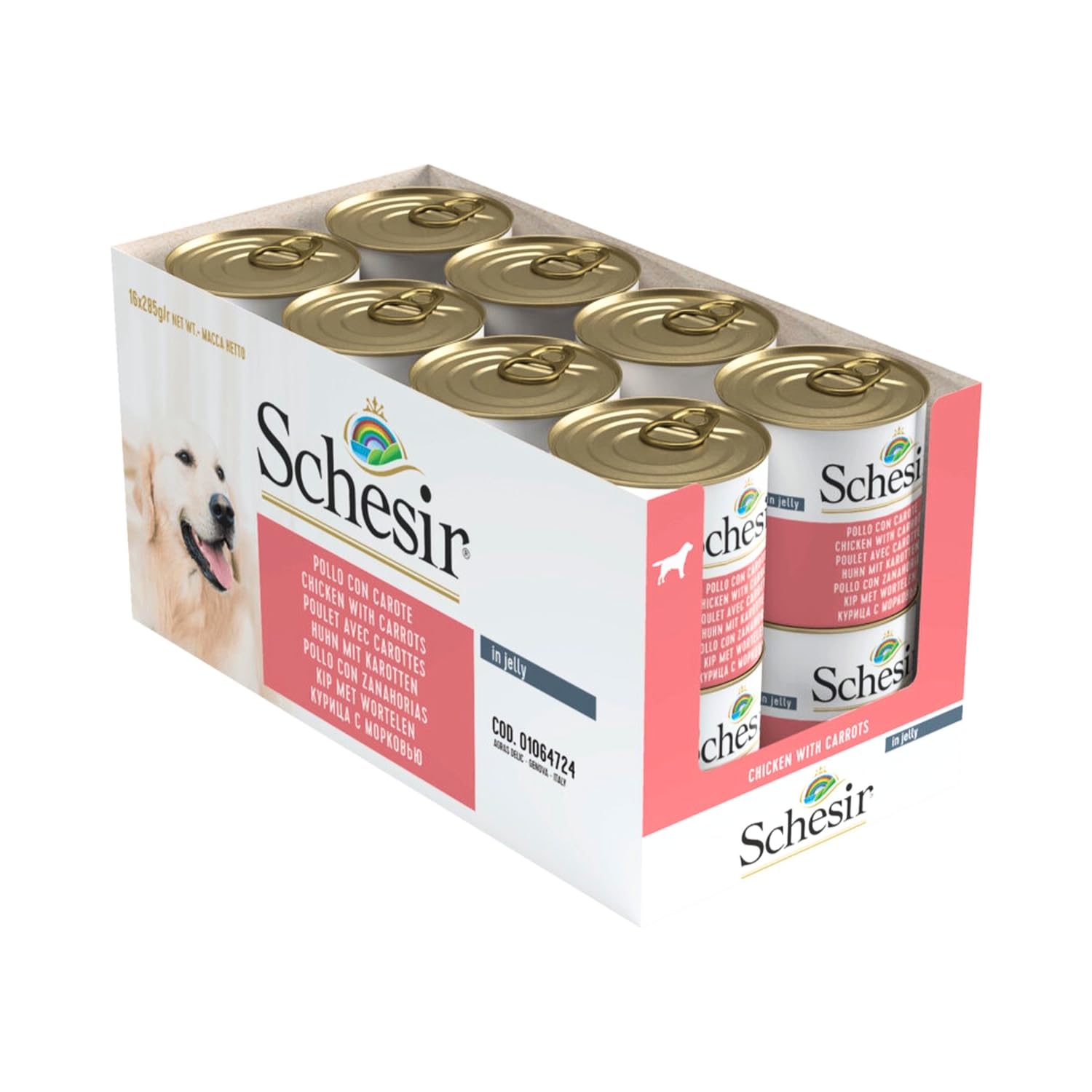 Schesir, Cibo Umido per Cani Adulti al Gusto Pollo con Carote, Filetti in Morbida Gelatina - Totale 4,56 Kg (16 Lattine da 285G)