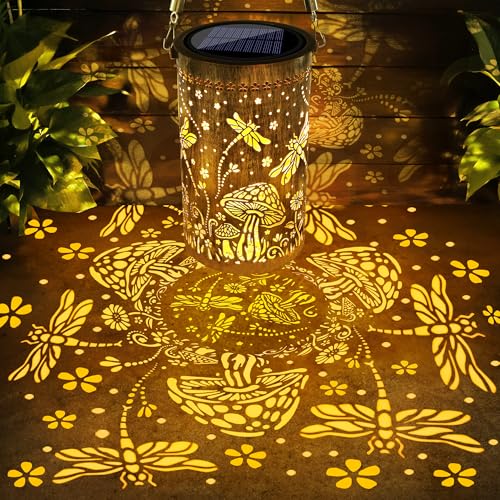 Image of Toodour Solar Lantern Outdoor, Garden Gifts for Mom Grandma Women Hanging Solar Outdoor Lights Waterproof, Hollow Out Retro Metal Dragonfly Lights for Patio, Balcony, Walkway, Yard Decorations