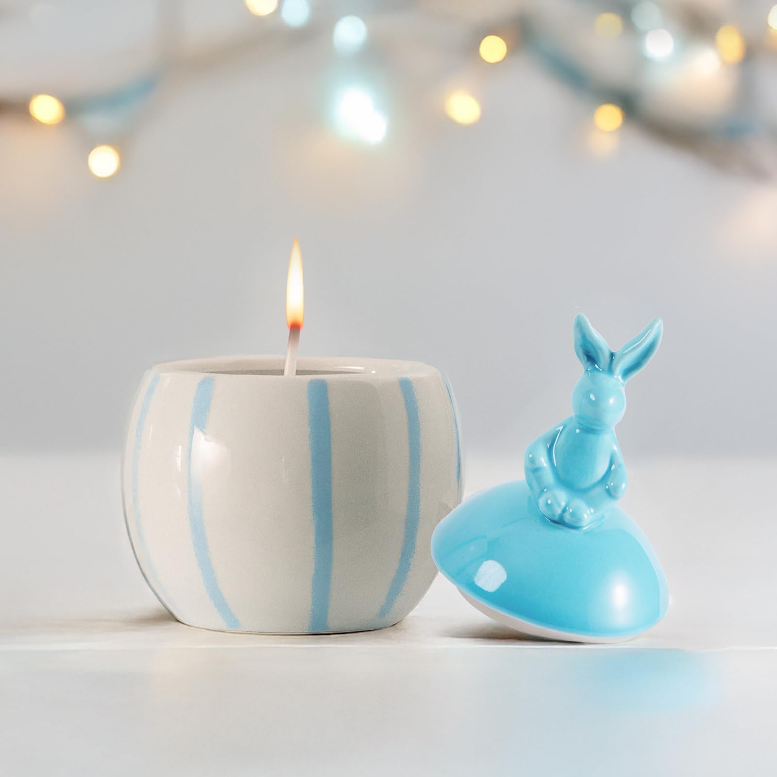 Easter Bunny Candle with Egg Jar and Lid, Easter Decorations Cute Rabbit Aromatherapy, Ceramic Egg Candles for Spring Home Decor, Long Buring Decorative Candle Friends Gifts for Women, Blue