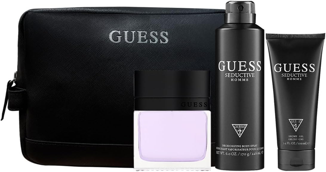 Guess Seductive Homme 3.4oz EDT Spray, 6.0oz Deodorant Body Spray, 3.4oz Shower Gel, Pouch Men 4 Pc Gift Set