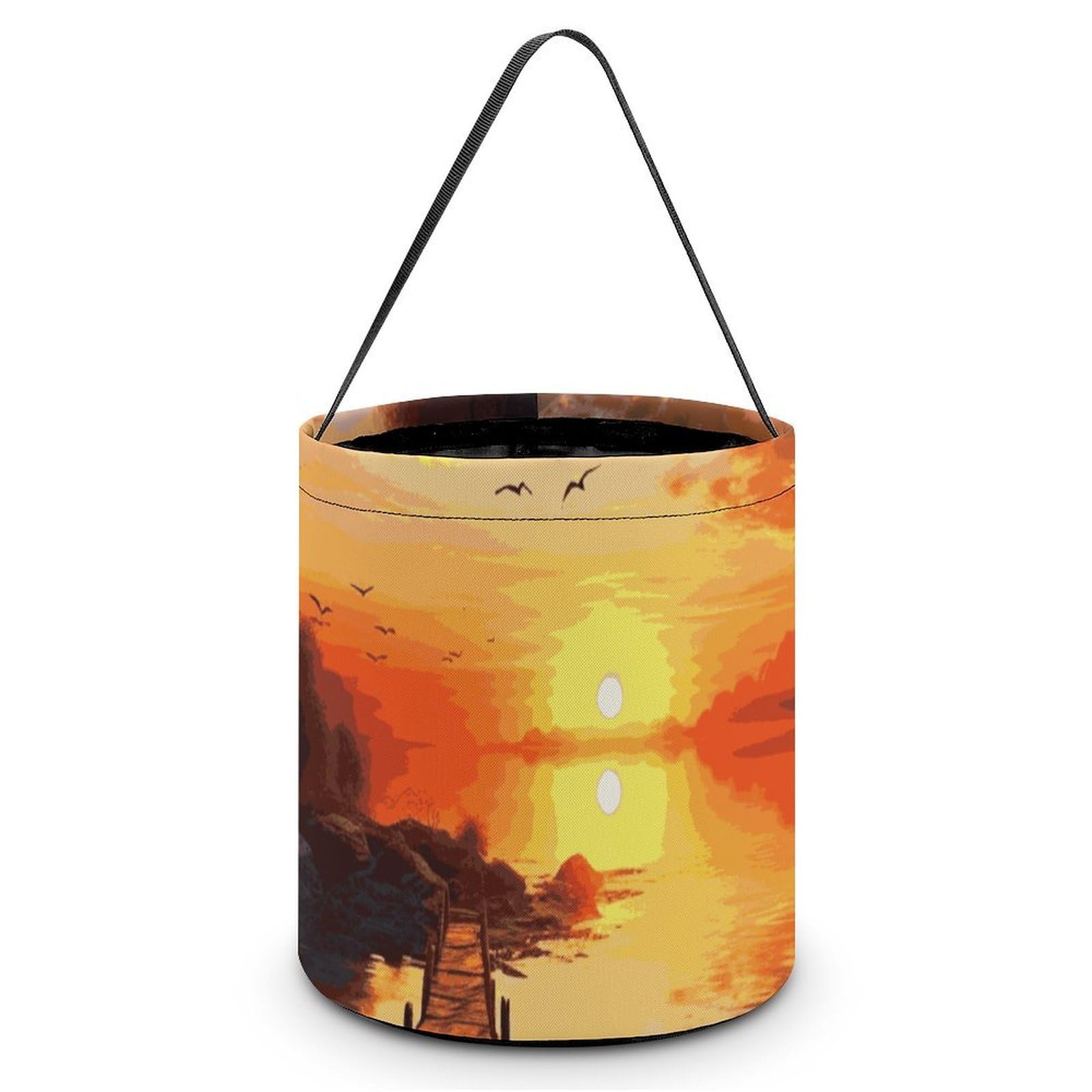 JTREHY Sunset Scenery Candy Basket Hand-held Portable Candy Basket Collapsible Reusable Candys Bags Trick Or Treat Bags Party Festival Gift Bucket