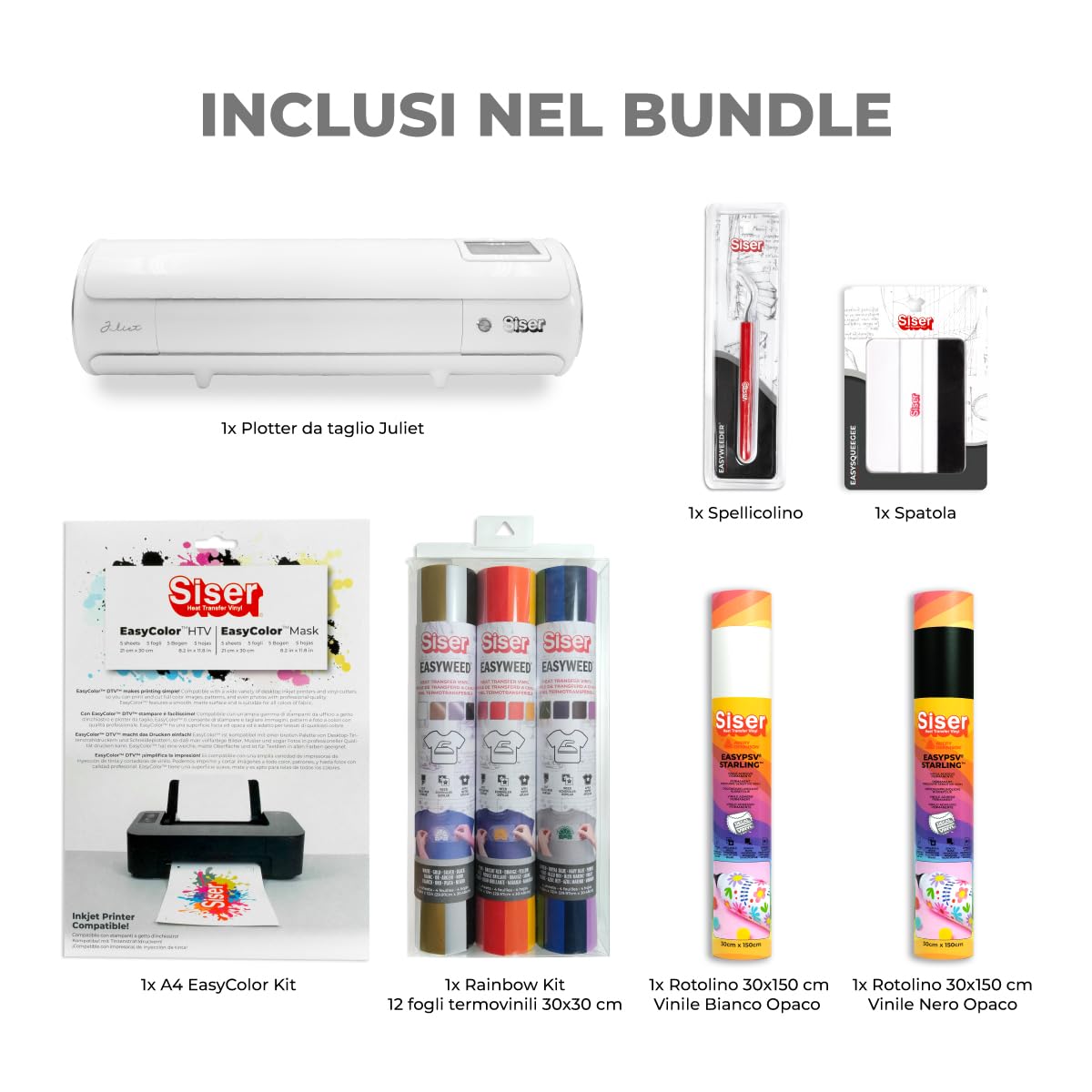 Siser Juliet® Pacchetto Starter - Include Plotter da Taglio ad Alta Definizione Juliet, Vinili Termoadesivi e Stampabili, Adesivi e Accessori