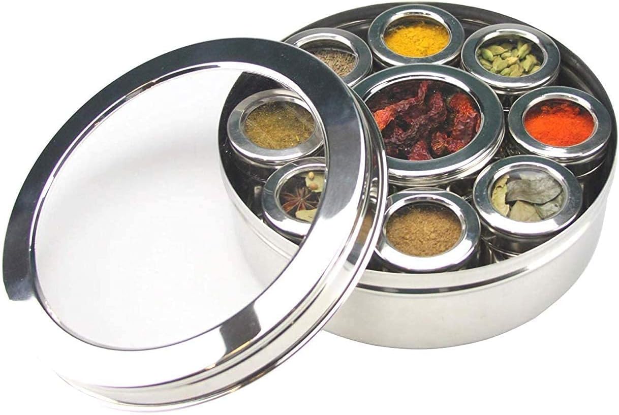 Stainless Steel Spice Box 9 Compartments with Transparent Disc and Transparent Lid with Spoon