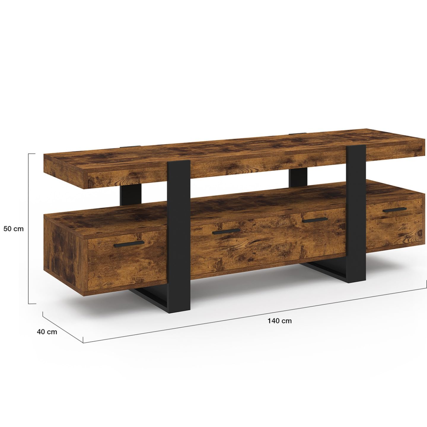 IDMarket - Porta TV PHOENIX 140 cm con legno effetto invecchiato e cassetti neri