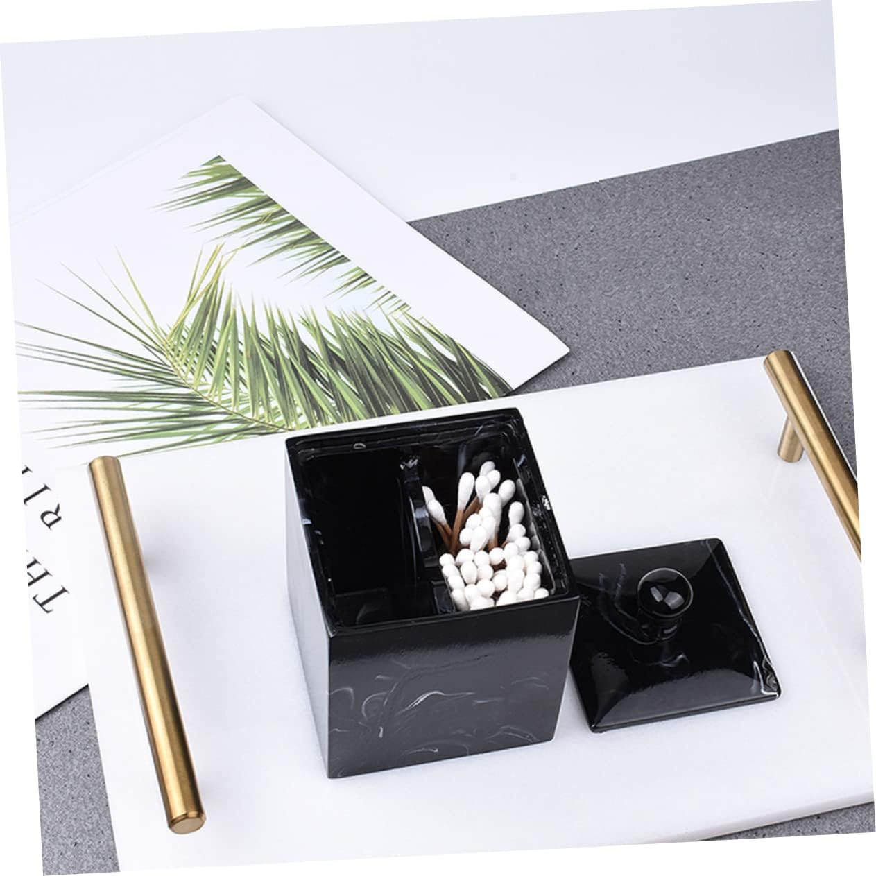 Unomor 2pcs Double Grids Cotton Swab Holder Marble Grain Design Space-saving Organizer for Makeup Pads and Cotton Balls Stylish Resin Storage Case for Bathroom and Vanity