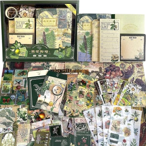 Image of 346Pcs Paper Vintage Aesthetic Scrapbook Kit Scrapbooking Supplies Kit With Bullet Junk Journal, Stationery, Washi Stickers A6 Grid Notebook Journaling Gift For Girl (Green Botanical)