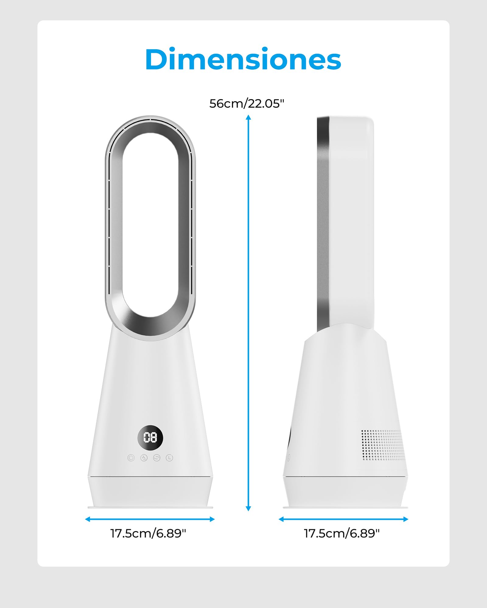 Ventilador de Torre Silencioso sin Aspas,Ventiladores Aire Frio con 8 Velocidades,2 Modos(Sueño,Viento Fuerte),Oscilación 80°,Temporizador 9h,Mando a Distancia,Pantalla LED,32dB Bajo Nivel de Ruido
