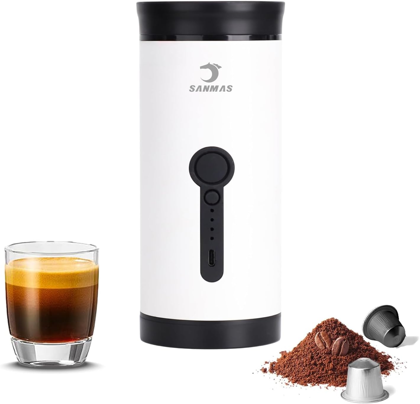 SANMAS Portable Espresso Machine, USB-C Rechargeable Self-Heating Coffee Maker, Travel & Camping Compatible with Ground Coffee & Capsules, Compact Electric Brewer for Car, RV, Office & Outdoor