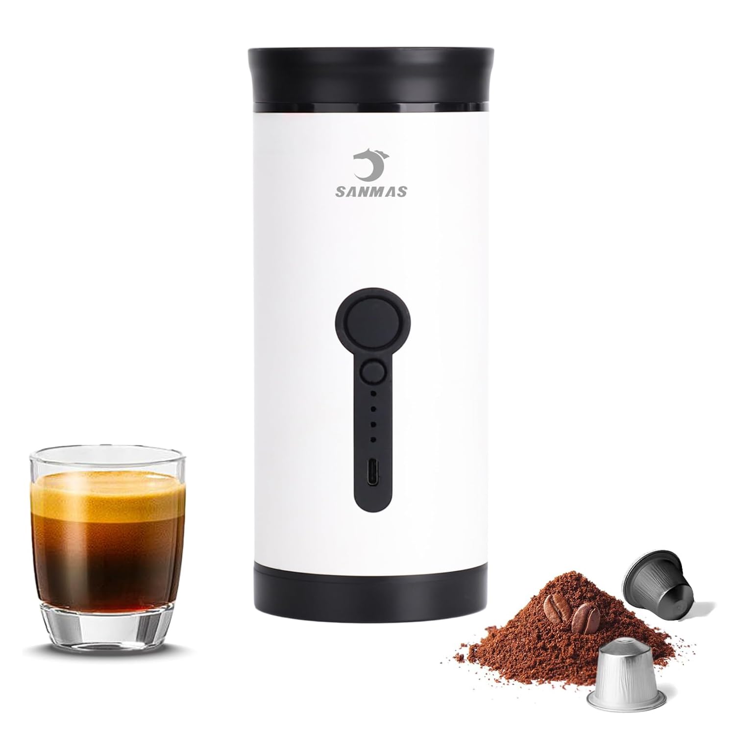 SANMAS Cafetera espresso portátil, cafetera de autocalentamiento recargable por USB-C, para viajes y camping, compatible con café molido y cápsulas, cafetera eléctrica compacta para coche, caravana