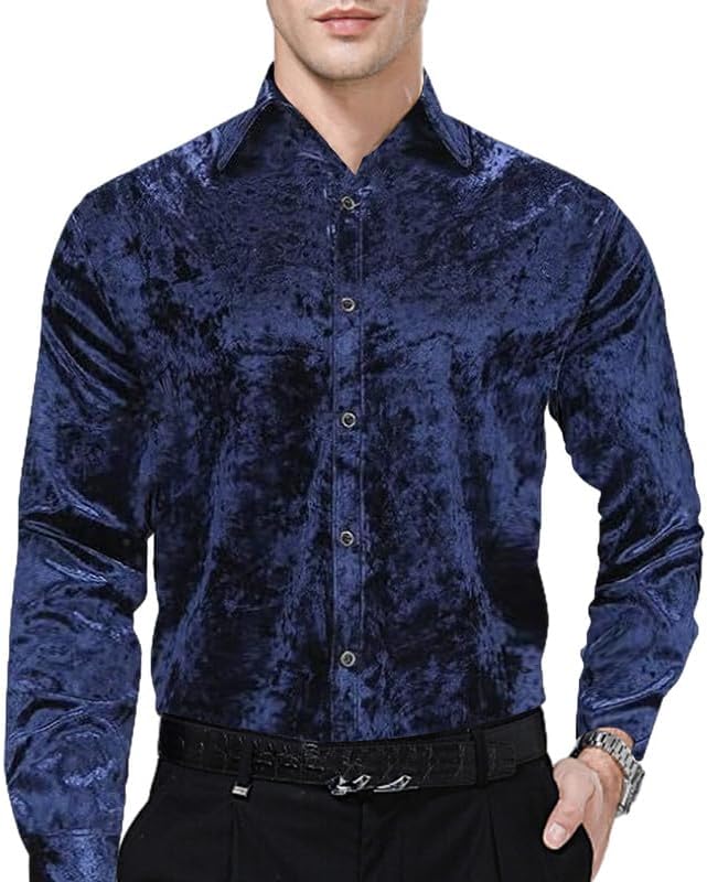 KISSQIQI Mens Dress Shirts Velvet Long Sleeve Shirts Casual Button Down Solid Slim Fit Muscle Shirt for Wedding Party - Image 2
