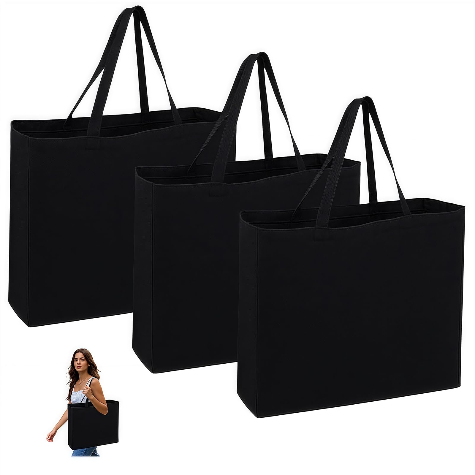 Baumwolltasche, 3 Stück Groß Einkaufstasche 45 x 45 cm Baumwollbeutel Stoffbeutel, Jutebeutel, Stoffbeutel Unbedruckt für Wäsche Sport Shopping Wiederverwendbare Jutebeutel (3, Schwarz 45x45cm)