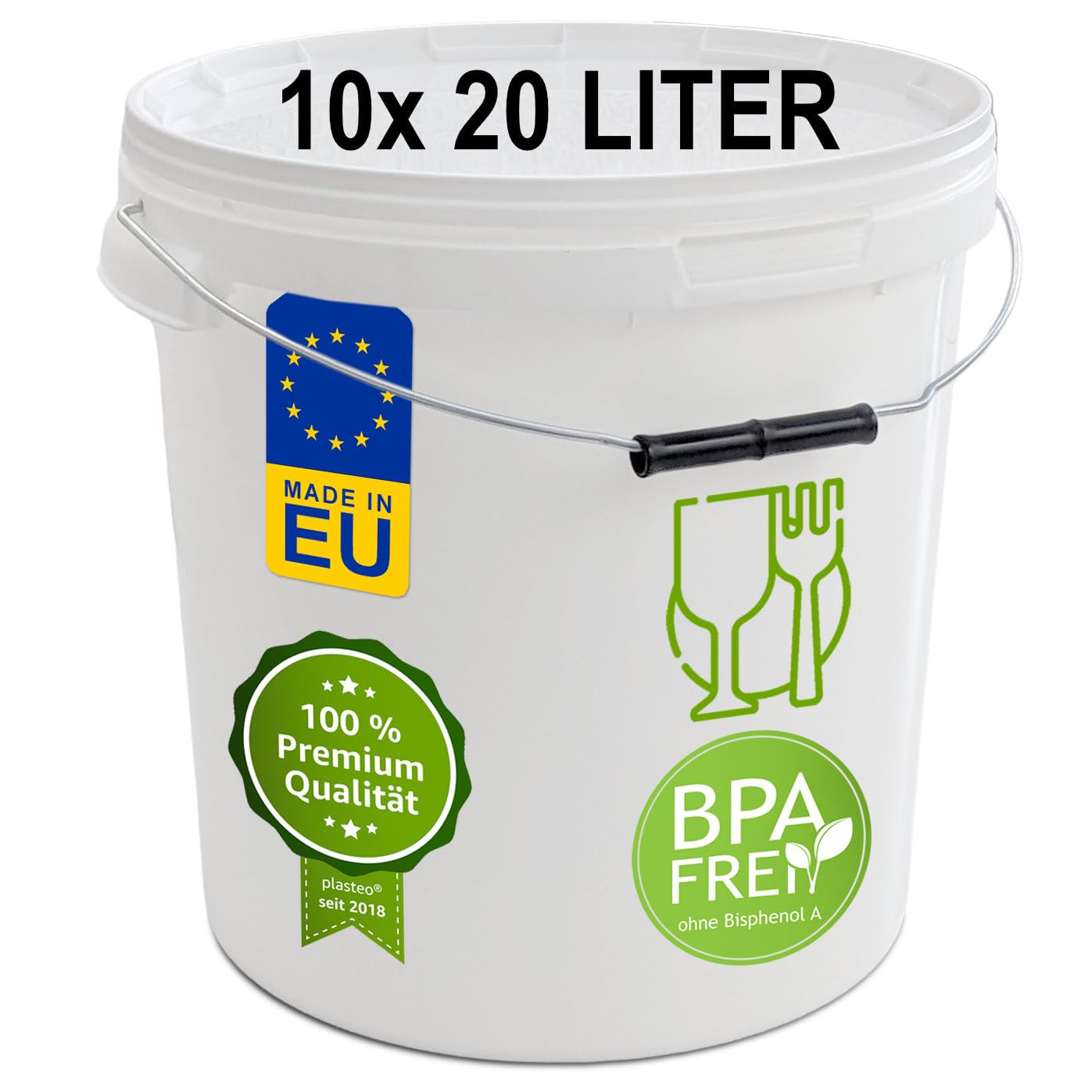 plasteo® Cubo de plástico con tapa, 20 litros, 10 unidades, herméticos y herméticos, vacíos sin dejar restos, paquete de 10 unidades
