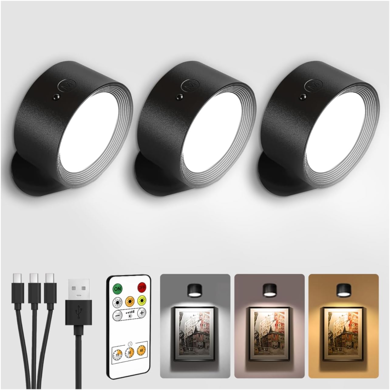 LED Wall Mounted Lights, Rechargeable Wall Sconces with Remote & Touch Control, 3 Color Temperatures 360° Rotation Dimmable Cordless Wall Light for Bedroom Study Reading Bedside (Black, 3 Pack) Black 3 Pack