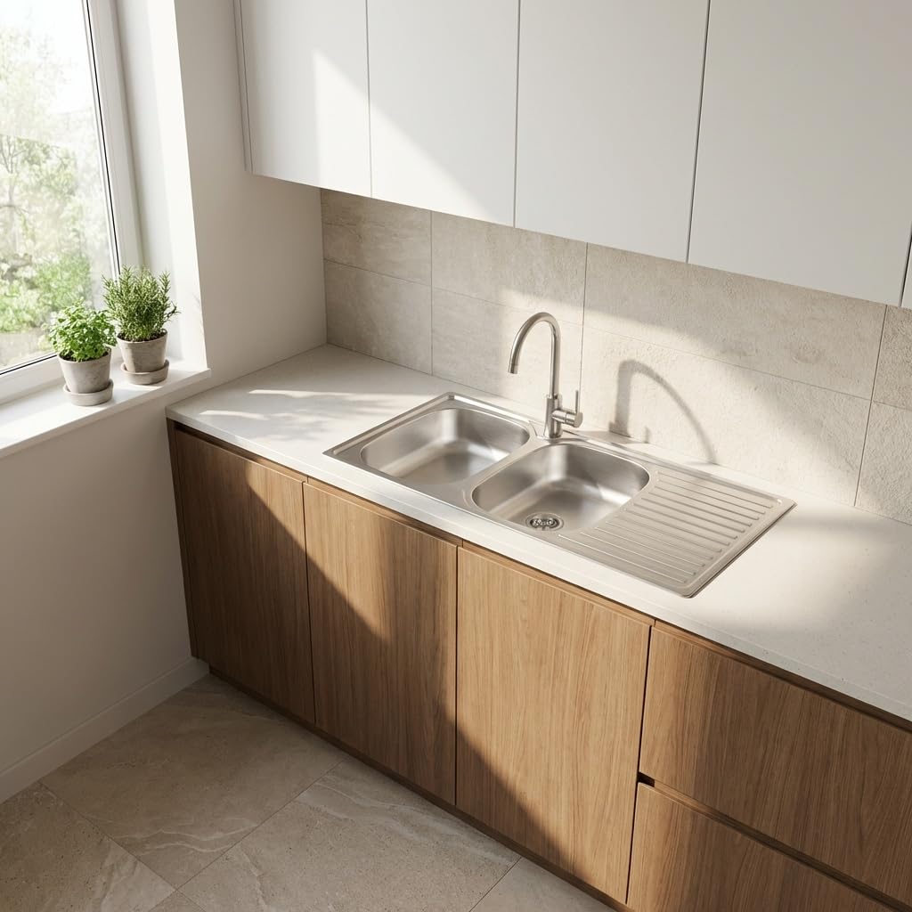 Fregadero de cocina empotrado de acero inoxidable con 2 senos y escurridor, 116 x 50 cm, acabado satinado – Telivo