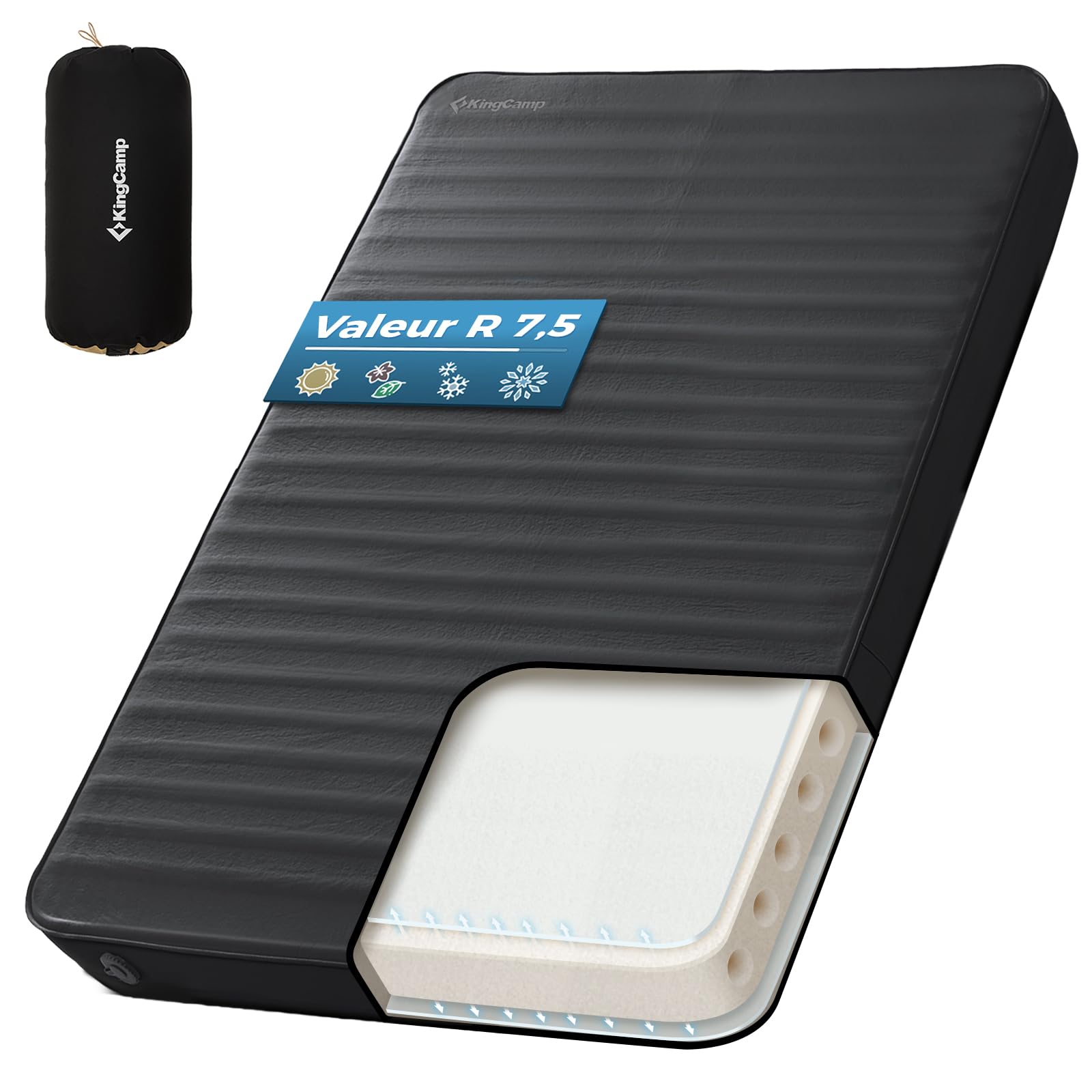 KingCamp Matelas de Camping Auto-gonflant - Matelas Gonflable en Mousse - Double (200,9 x 127,8 x 7,6 cm) - Portable - Grand Matelas épais et Chaud pour Camping, randonnée, Voyage, intérieur