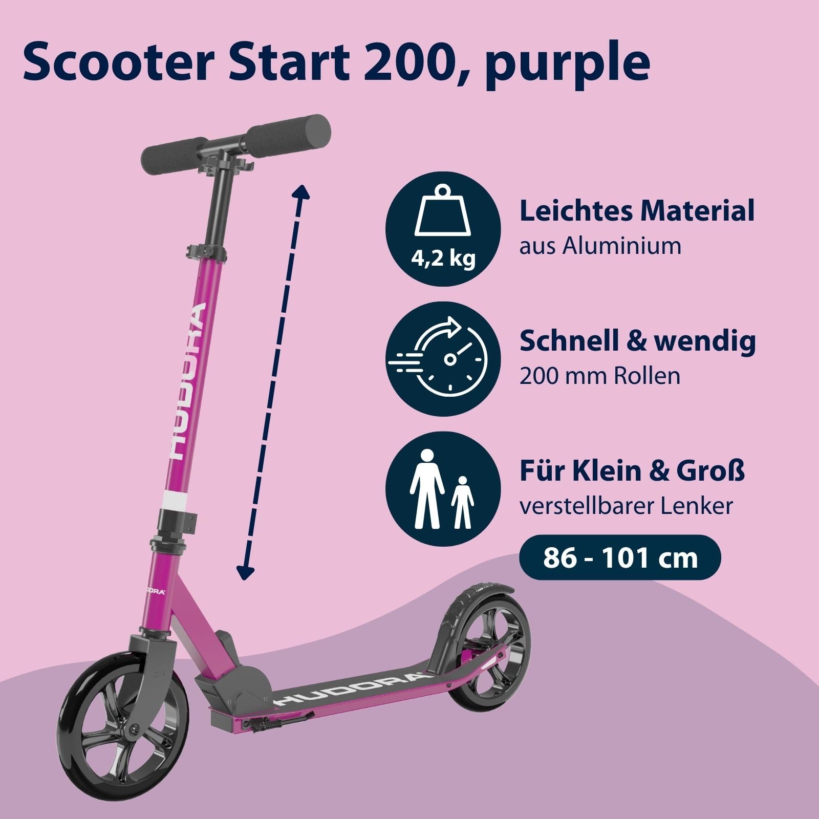HUDORA Scooter Start 200, Stabiler Aluminium-Roller, Höhenverstellbarer & zusammenklappbarer Cityroller, Kinder- & Erwachsenenroller für bis zu 100kg, Solider Tretroller mit Ständer