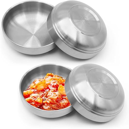 4 platos grandes de acero inoxidable para salsa de 4.7 pulgadas, platos de doble cubierta, platos de acero inoxidable 304 de 4.3 onzas para aceite,