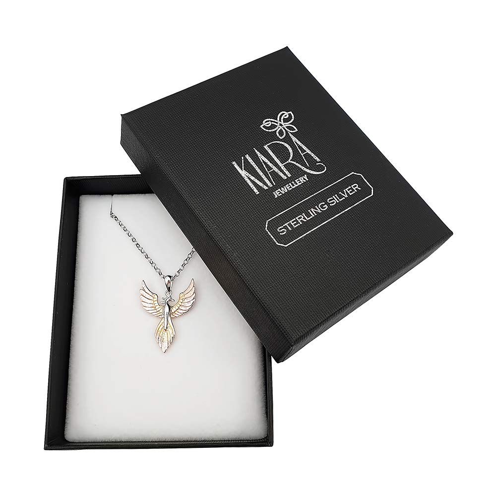 Collar con colgante de pájaro fénix chapado en oro de 2 tonos en plata de ley 925 en cadena de plata de ley de 45,7 cm., Plata esterlina, Diamante
