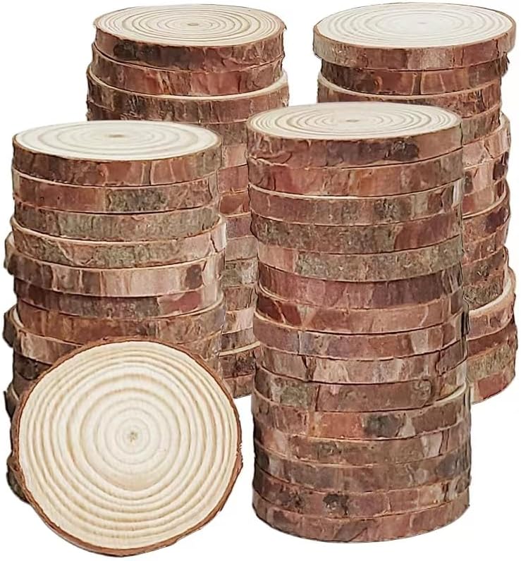 WEOPYCJ Unfinished Natural with Tree Bark Wood Slices,60 Pcs 1.5-2 Inches Wooden Circles Craft Tree Slices Crafts Rustic Wedding (4-5cm)