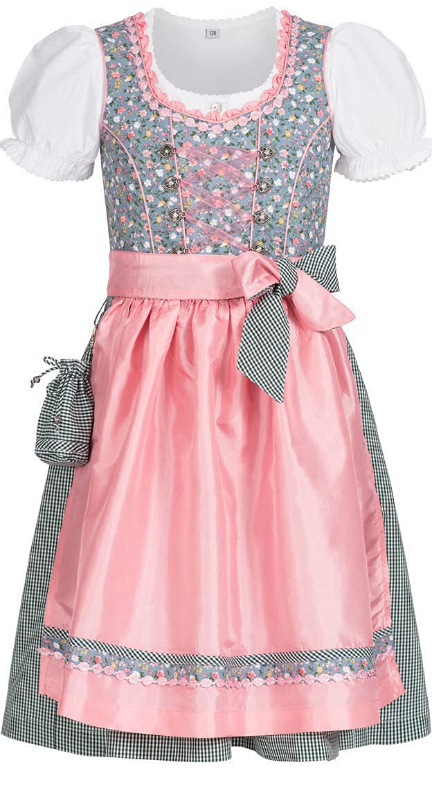 Nübler Dirndl Mädchen Nicky - 3-teiliges Set mit Dirndlkleid, Trachtenbluse & Schürze im traditionellen Stil - Original bayerische Tracht, Hochwertige Qualität, Blau-Rosa 68 B