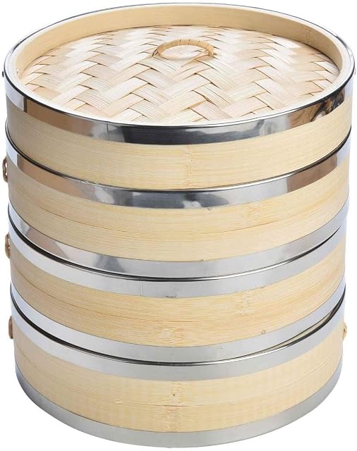 Harcas 8 Inch (20.5cm) Premium Organic Bamboo Steamer Small 3-Tiers with Lid. Strong, Durable and Reinforced. Best for Dim Sum, Vegetables, Meat and Fish. Hand Made