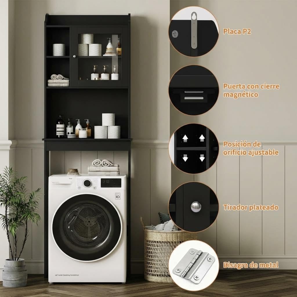 Garvee Mueble de Baño Independiente sobre el Inodoro con Estantes Ajustables, Puertas de Vidrio Templado, Estante de Baño de MDF Que Ahorra Espacio, Mueble de Baño Moderno Resistente al Agua,Negro