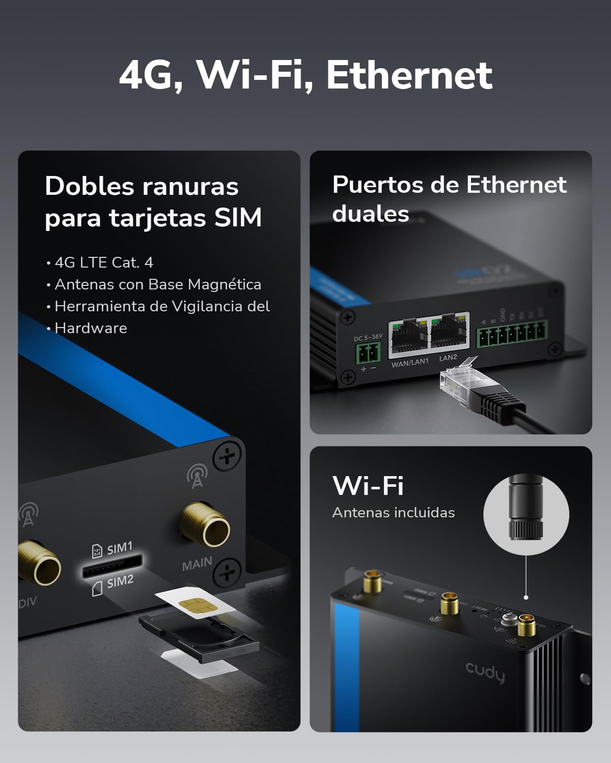 Cudy Router WiFi industrial 4G LTE Cat4 N150, enrutador celular dual SIM con RS232/RS485 e IO, amplia temperatura -40 ~ 75 °C, metal IP30, para máquinas expendedoras, cajeros automáticos, tiendas