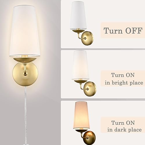 Miniatura 5 de Moderno juego de dos apliques de pared dorados de lino con enchufe o cable duro para dormitorio, sala de estar, comedor, entrada