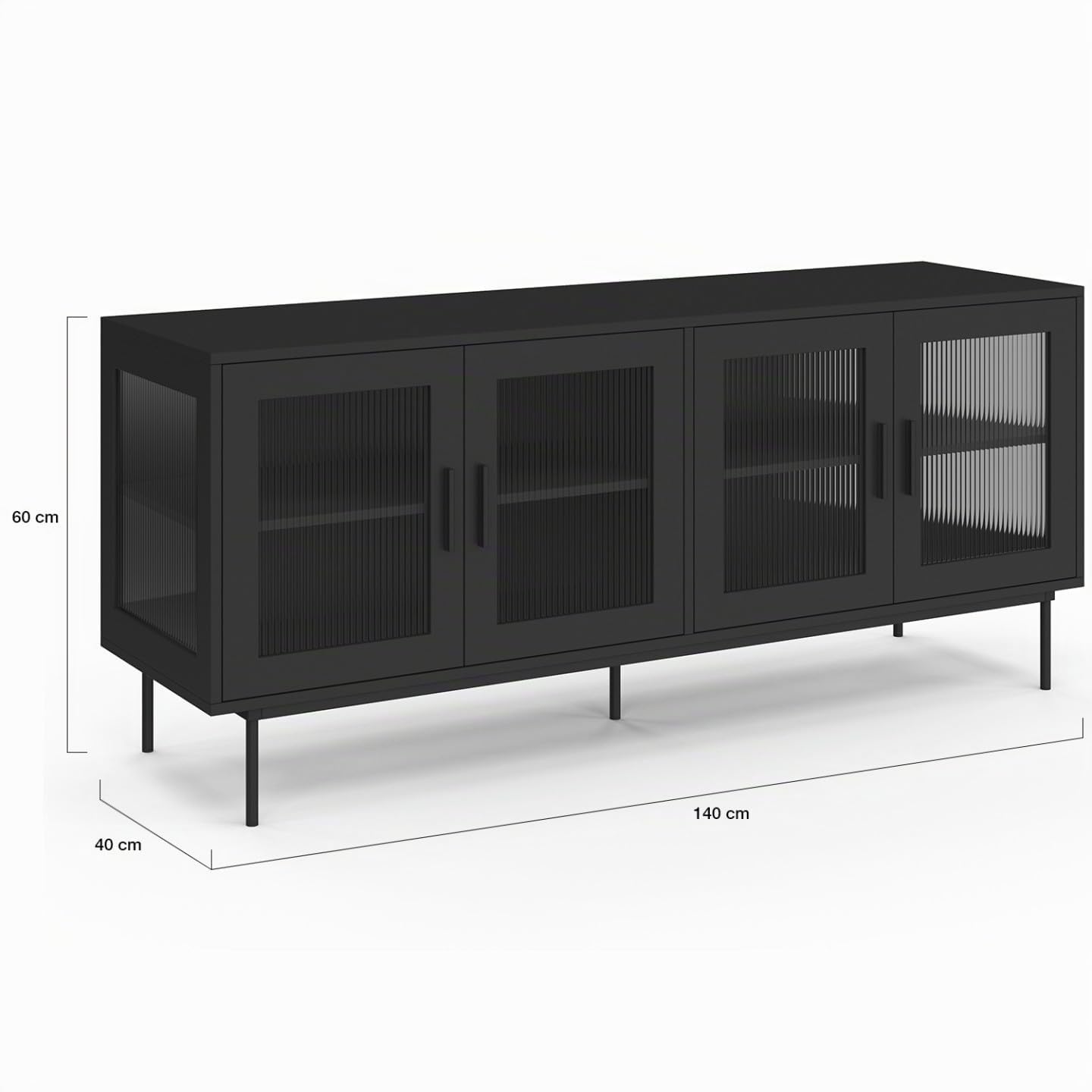 IDMarket - Buffet 140 cm ZINEB 4 Portes vitrées façade cannelée Noir