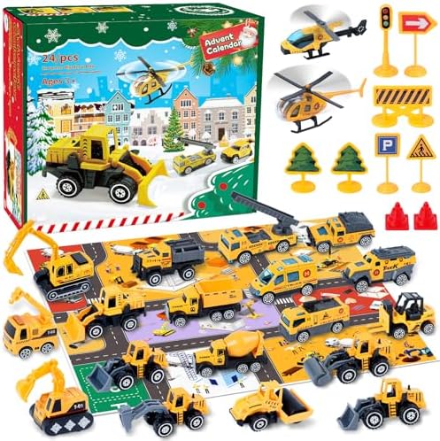 Feebee Calendrier De L'Avent Voitures De Chantier – 20 Véhicules + 9 Accessoires, Jouets éducatifs En Alliage – Dès 3-12 Ans, Cadeau Noël