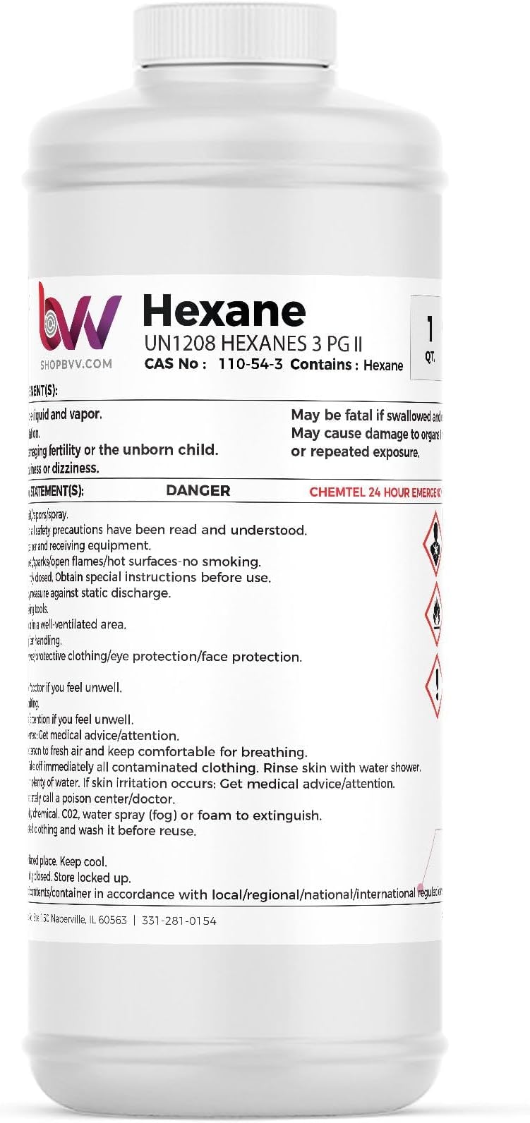 BVV High Purity Lab Grade N-Hexane Solvent - 99% Pure Lab Solvent for Chemical Reaction, Extraction & Chromatography - Versatile Super Solvent - Easy Storage & Use Non-Polar Solvent - 1 Quart