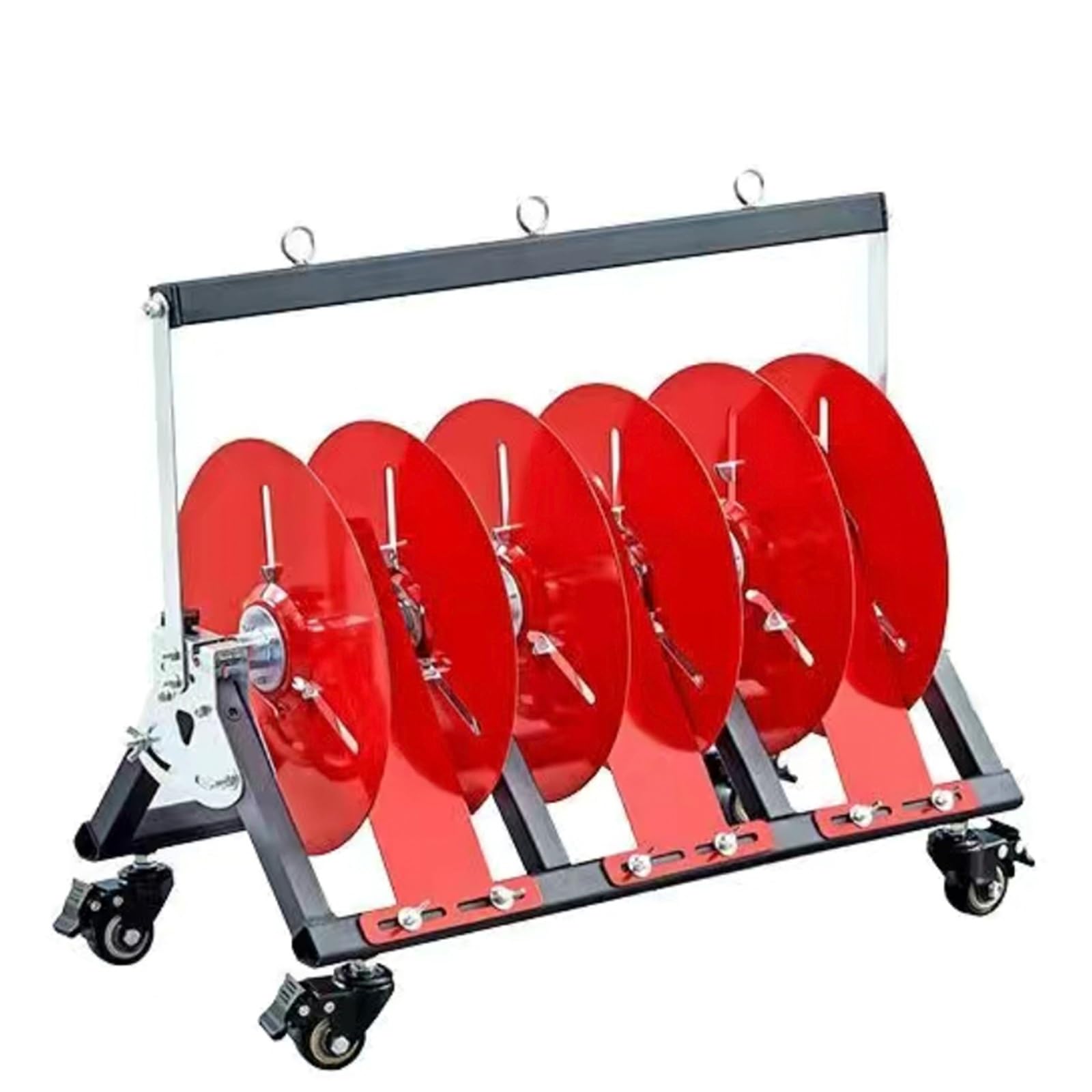 Dévidoir industriel à bobines de fil rouge pliable sur roulettes