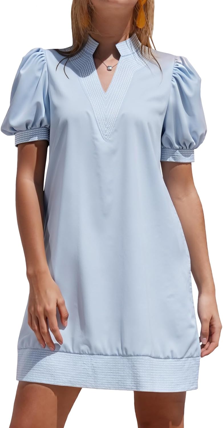 YUNDAI Women's Puff Sleeve V-Neck Shift Dress with Pockets,Casual Loose Fit Tunic Dress