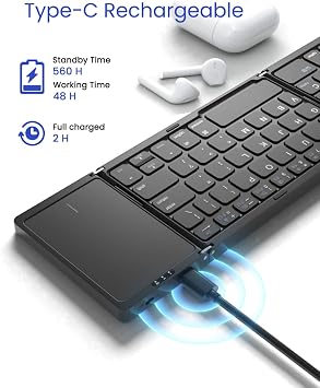 Artciety Foldable Bluetooth Keyboard, Folding Portable Wireless Keyboard with touchpad,Travel Pocket Keyboard for iOS Android Windows Mac Smartphone Tablet & Laptop, Sync Up to 3 Devices, Black
