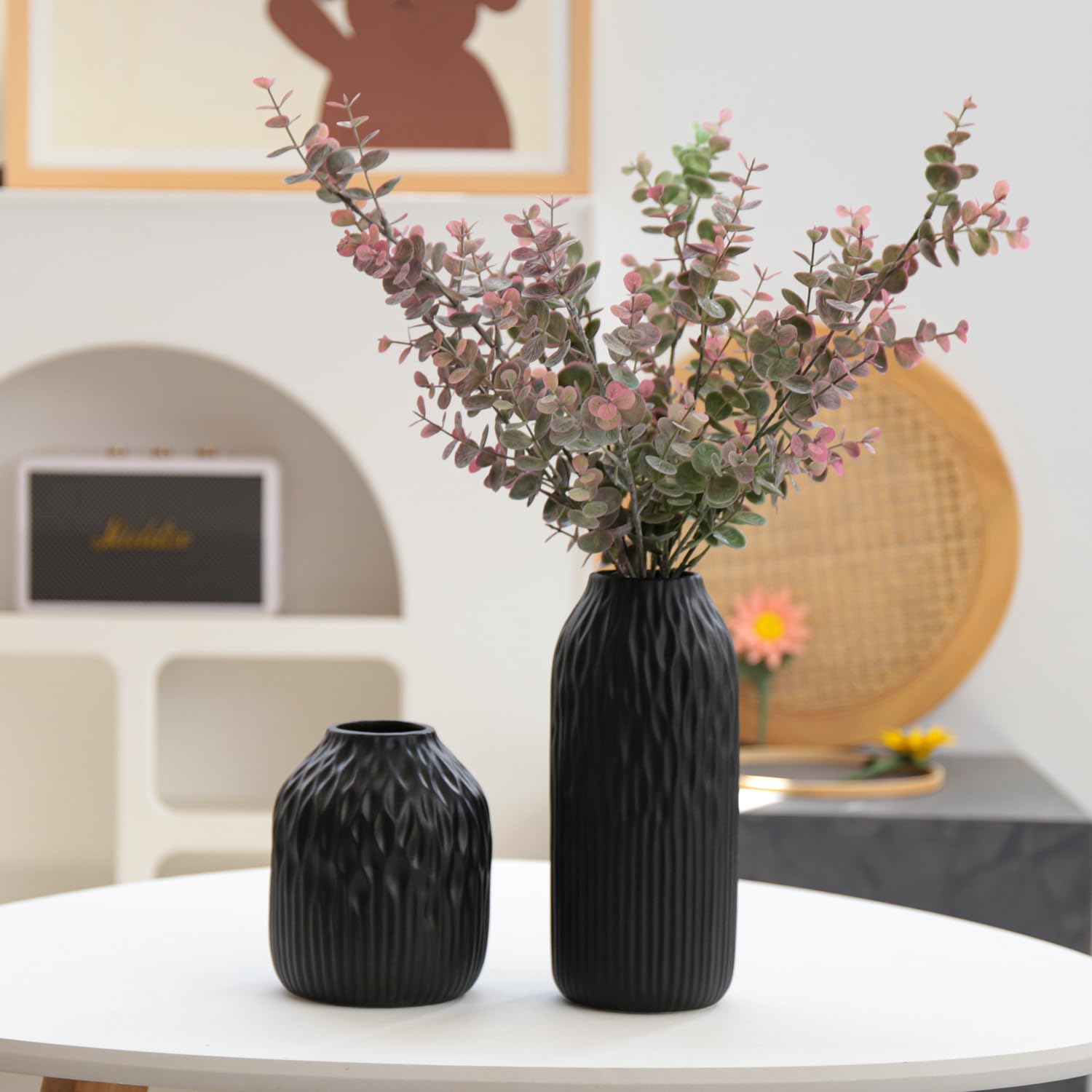 Schwarze Keramik-Blumenvase, 2er-Set, Porzellan, zylindrische Trockenblumen-Halter, Dekoration für Salon/Tisch/Arbeitszimmer/Büroeingang, moderner einfacher Boho-Stil (Schwarz)
