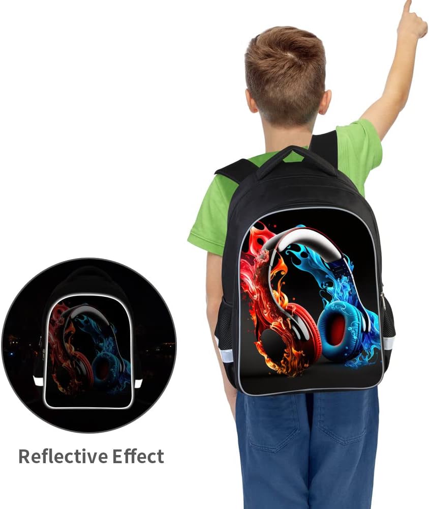 HiMagics Large School Backpack for Age 6-18 yrs Teens Boys Girls,Fashion Elementary Middle High School Children Bookbag, 17 inch Schoolbag With Laptop Pocket,Headphones Pattern image 2