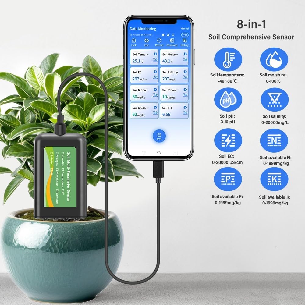 Lecreatekit Sensor de suelo USB 8 en 1, mide la humedad, pH NPK, temperatura salinidad para Android y para sistemas hongmeng, sonda de metal impermeable IP68 para jardinería agrícola
