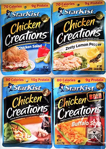 Starkist CHICKEN CREATIONS Ultimate Variety 8 Pack, NEW for 2018! 2 Packs each of CHICKEN SALAD, ZESTY LEMON PEPPER, BUFFALO STYLE, GINGER SOY.
