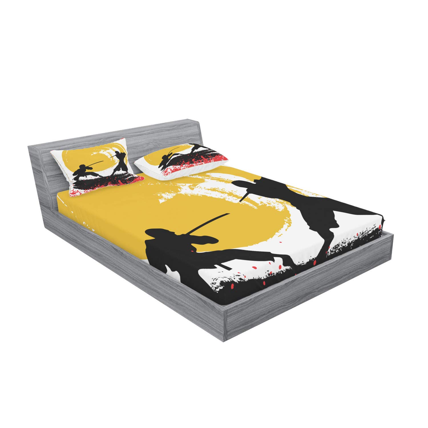 Ambesonne Japanese Fitted Sheet & Pillow Sham Set, Watercolor Style Silhouette Ninjas in The Moonlight Medieval, Decorative Printed 3 Piece Bedding Decor Set, Full, Vermilion Mustard