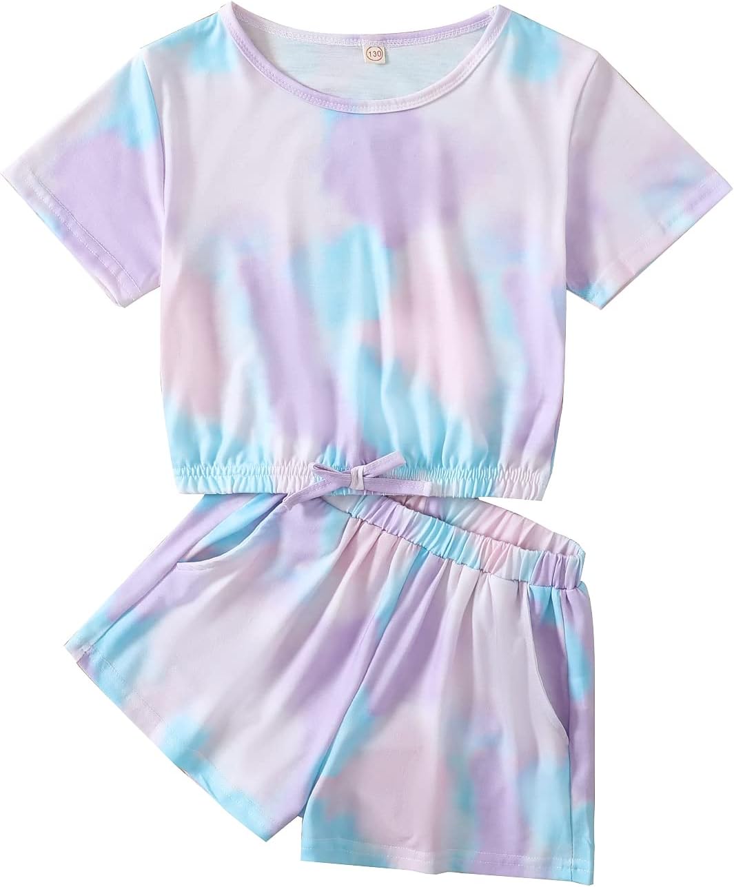 Girls Summer Tie-Dye Outfits Elastic Drawstring T-Shirt Crop Top and Elastic Waist Shorts Set with Side Pockets