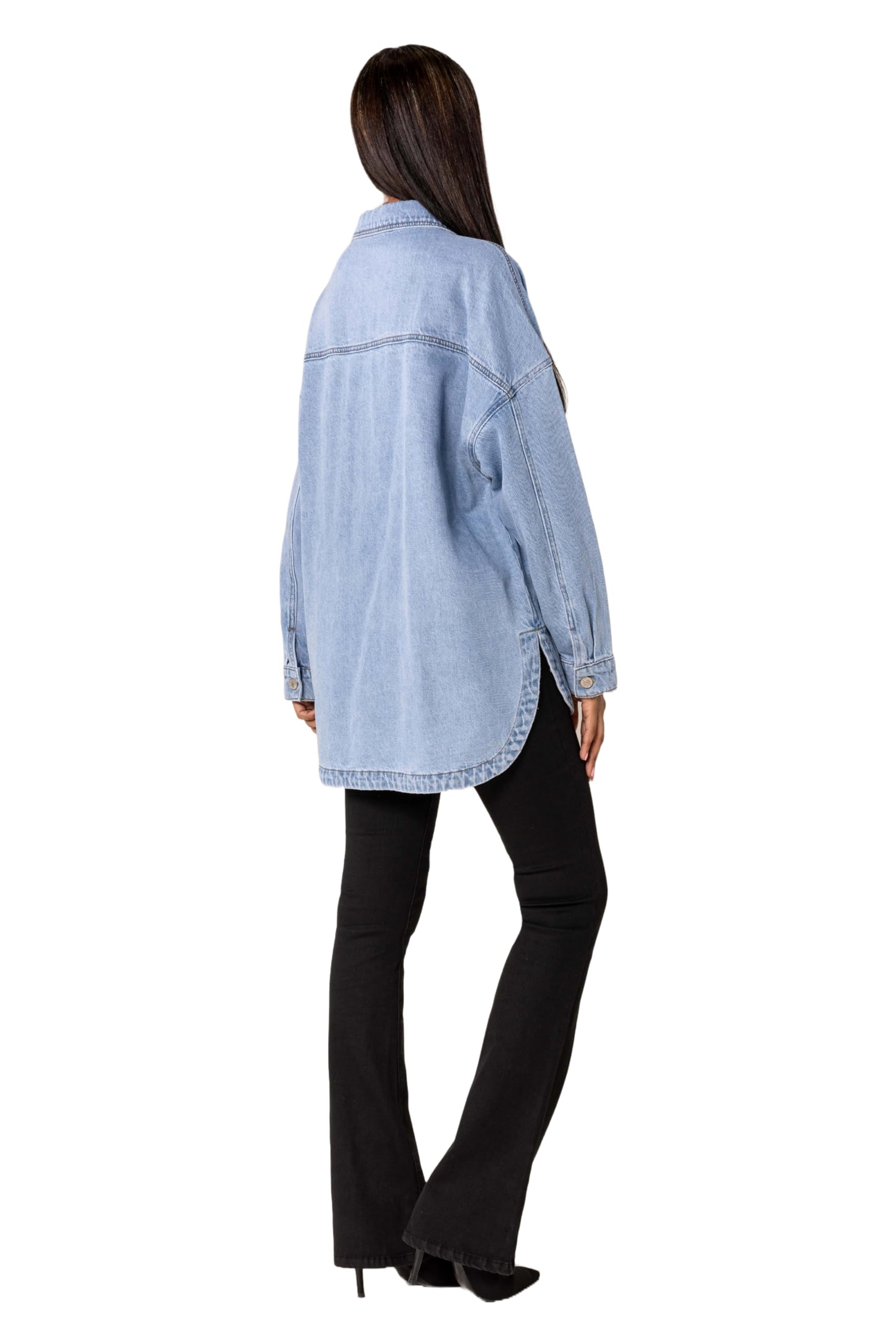 Nina Carter S539 Camisa vaquera de gran tamaño para mujer, chaqueta vaquera ligera, chaqueta de entretiempo, chaqueta de camisa con efecto de lavado, aspecto desgastado, informal