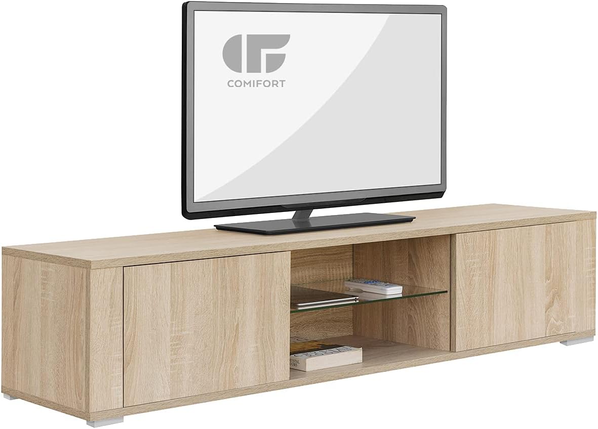 COMIFORT TV Stand - Modern Living Room Cabinet with Push Door, Tempered Glass Shelf, Very Sturdy, Made in Europe, Oak Colour