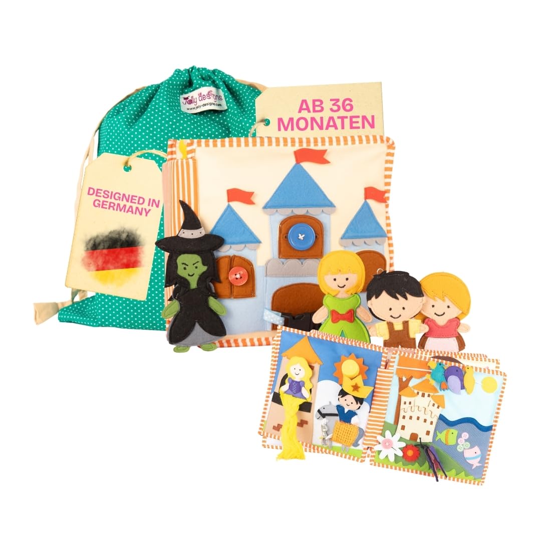 Jolly Designs Avventura nella foresta delle fiabe, Quiet Book a partire dai 3 anni, libro delle fiabe per bambini, giocattolo educativo con Rapunzel, Rane e Hansel e Gretel, libro di abilità motorie