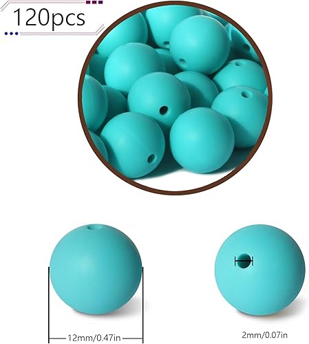 Miniatura 2 de 120 cuentas de silicona de color turquesa de 0.472 pulgadas (0.472 in), cuentas sueltas de goma para hacer joyas, manualidades, llavero y pulsera