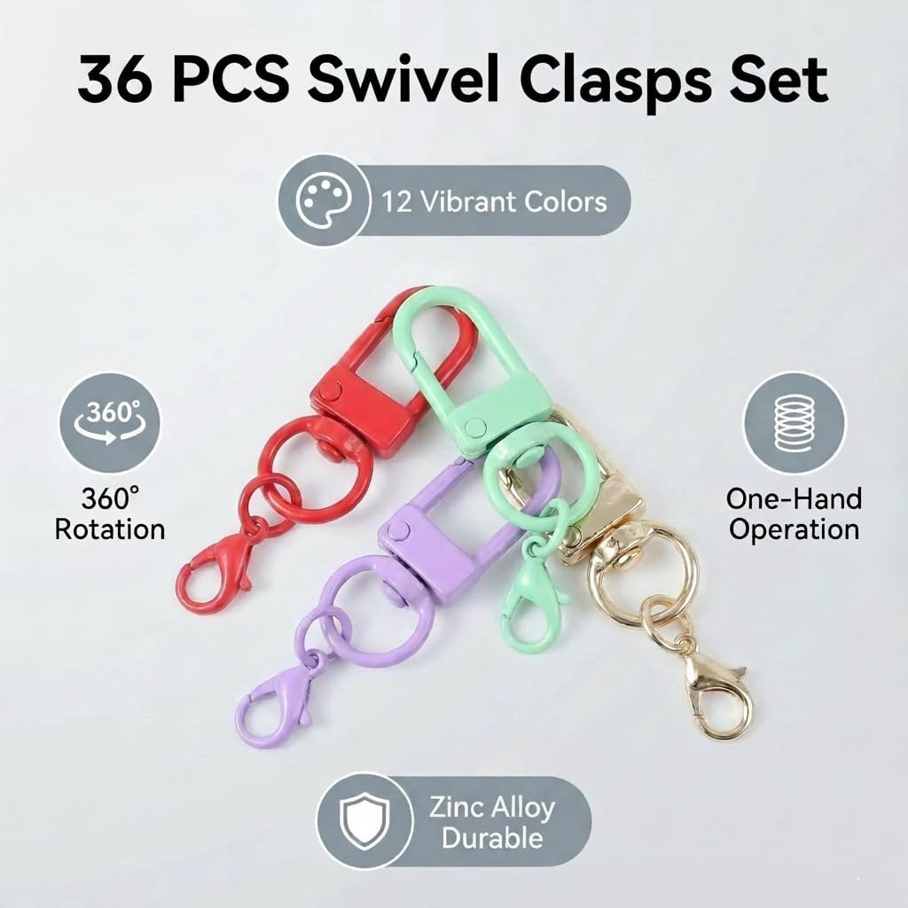 36Pcs Colorful Swivel Snap Hook Keychain Clips, 12 Color Lobster Claw Clasps for DIY Crafts, Jewelry Making & Bag Charms