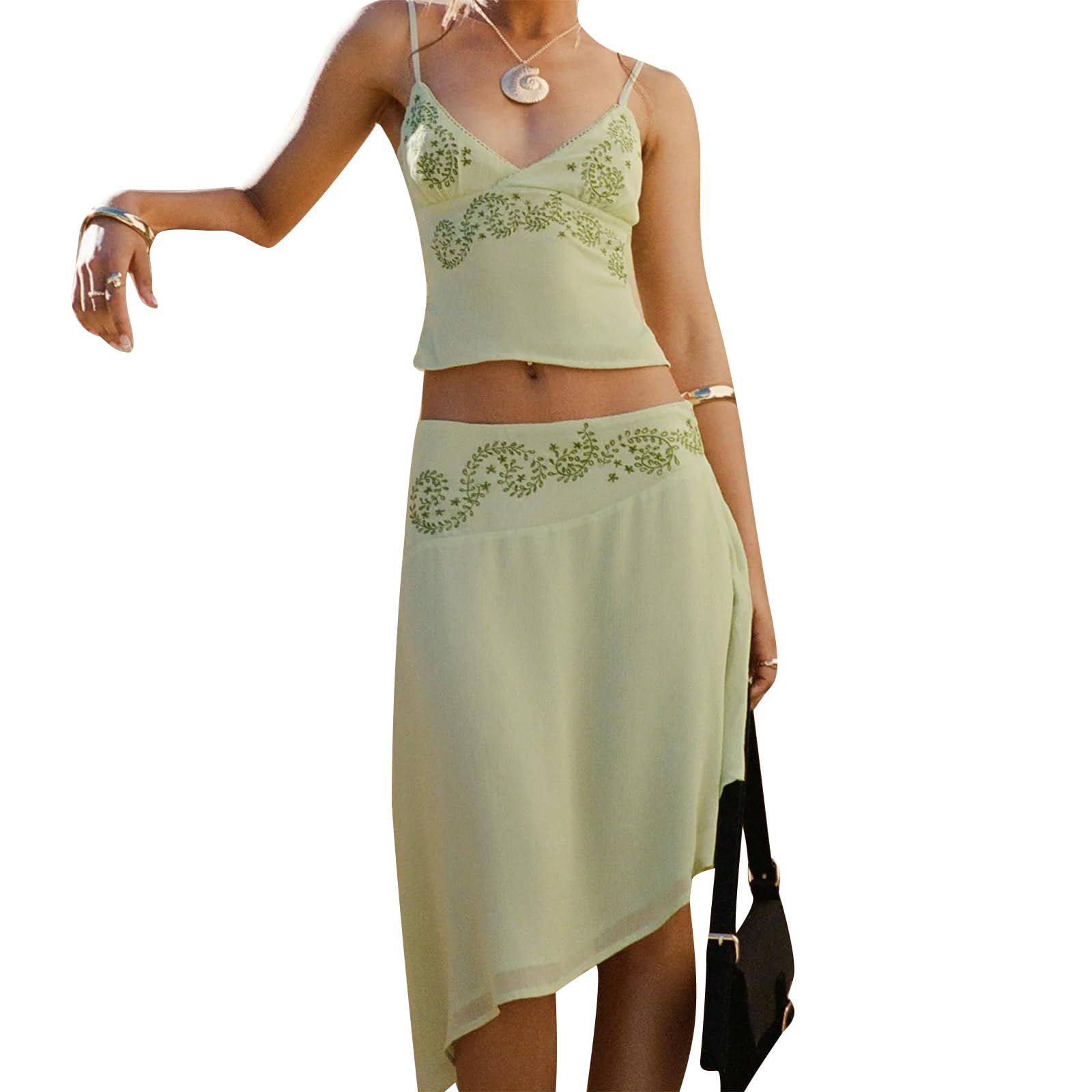 YILEEGOO Women's 2 Piece Skirt Set Summer Outfits Boho Floral Spaghetti Strap V-Neck Backless Cami Top + Asymmetrical Sheer Midi Skirts Set (Green, S)