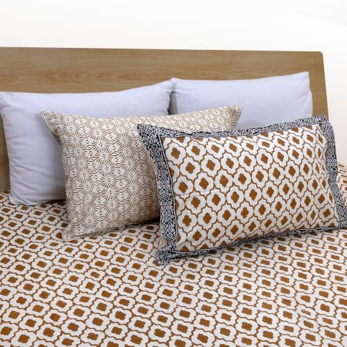 Image of TOAI Hand Block Printed Bedsheet | Bed Spread Flatsheet Bed Sheet | Pure Cotton | Queen Size 90 inchx108 inch | 210 TC Luxury Cotton | 2 Reversible Pillow Covers | Dabu Bagru | Earthy Jaal